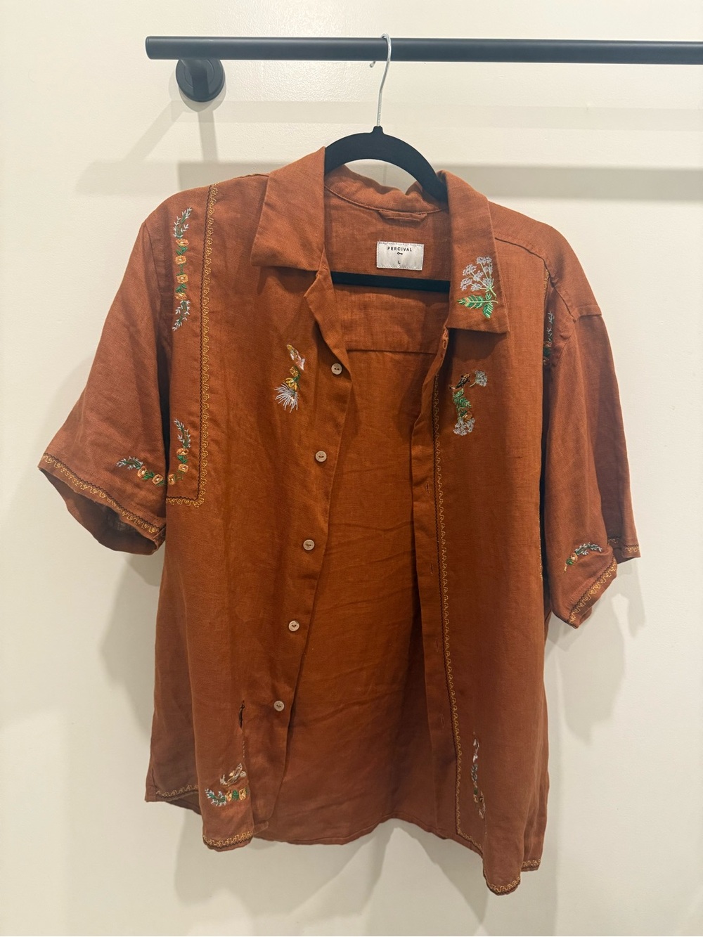 Percival Koi Carp Tapestry Cuban Linen Shirt in Brick Men’s M / L
